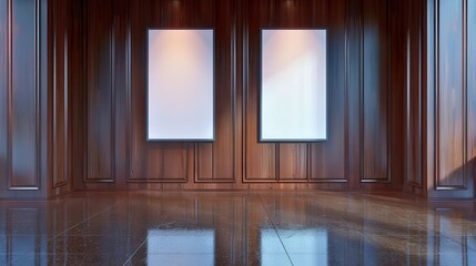 elegant gallery with polished wooden walls. two large blank canvases illuminated by spotlights, idea