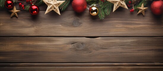 Poster - Wooden background adorned with Christmas ornaments and various decorations, ideal for a festive copy space image.