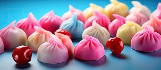 Poster - Colorful background enhances the appeal of delicious cherry dumplings in the image with copy space.