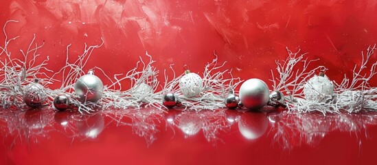 Poster - Christmas background with red backdrop, adorned with white garland, silver glass balls; ideal for copy space image.