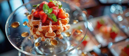 Poster - Fresh mint garnishes enhance Belgian waffles drizzled with honey and strawberries, displayed on a glass shelf in a bottom view image with copy space.