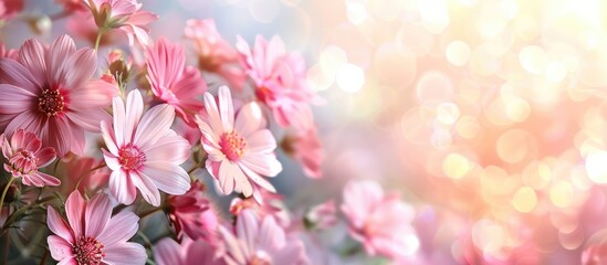 Aufkleber - Pink flowers in full bloom set against a soft, spring-themed backdrop, with copy space image.