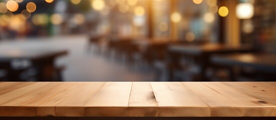 Sticker - Wooden table with no items on it, featuring a blurred coffee shop in the background illuminated with bright clean light, perfect for product display with a copy space image.