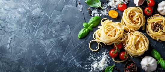 Poster - Pasta and ingredients displayed on a stone background with copy space image.