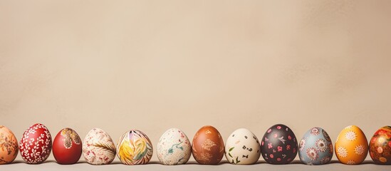 Poster - Easter-themed composition featuring decorated eggs on a beige backdrop with copy space image.