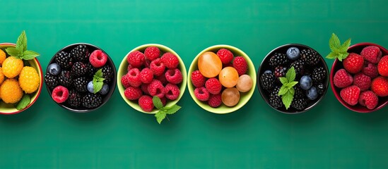 Poster - Top view of a vibrant assortment of fresh berries in bowls on a green background with copy space image, conveying a sense of juiciness, freshness, and healthiness.