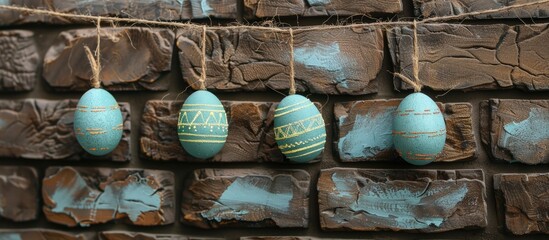 Aufkleber - Turquoise Easter eggs dangle on a string in front of a blank brick wall, with ample copy space image.