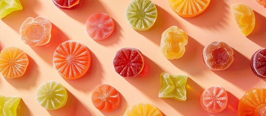 Poster - A variety of delicious jelly candies displayed on a bright backdrop in a flat lay composition with room for text in the image.