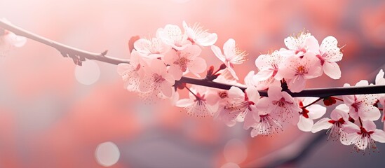 Wall Mural - Soft focus background with a pink color filter, displaying an abstract sakura blossom with copy space image.