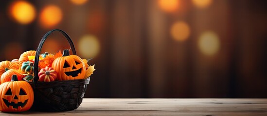 Poster - A Halloween-themed pumpkin basket filled with candy for kids, featuring a blurred background to draw attention, with space for additional text or images.