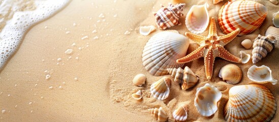 Aufkleber - Seashells on sandy beach with ample copy space image.