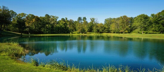 Poster - Local park features a serene lake surrounded by a picturesque forest, ideal for leisurely strolls and enjoying nature's beauty with a copy space image.