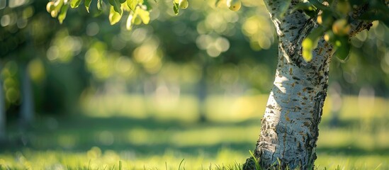 Poster - A tree with pale bark grows in a sunny orchard garden against a blurry green copy space image.