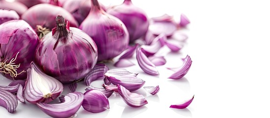 Poster - A vibrant purple onion is front and center, with fresh whole purple onions in the backdrop. The scene is isolated against a white background with copy space image available.
