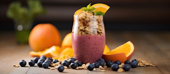 Poster - Selective focus on an orange persimmon blueberry smoothie with granola and fruits in the background. Copy space image included.