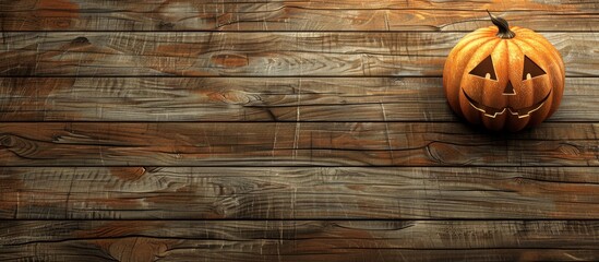 Poster - Wooden background displaying a pumpkin head with a suitable area for additional image or text.