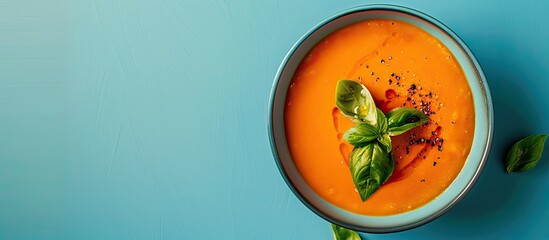 Poster - Traditional American pumpkin cream soup garnished with basil against a blue backdrop, ideal for a copy space image.