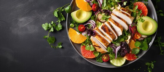 Poster - Copy space image featuring a delectable ketogenic salad with chicken, herbs, and citrus fruits.