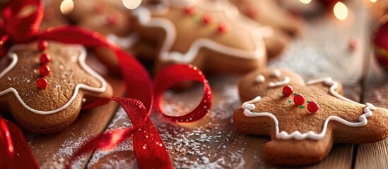 Poster - Gingerbread decorated for Christmas featuring red ribbons with a festive copy space image.
