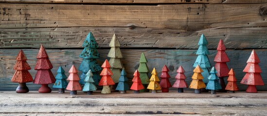Aufkleber - A festive arrangement featuring handcrafted Christmas trees on a wooden backdrop, ideal for a copy space image.
