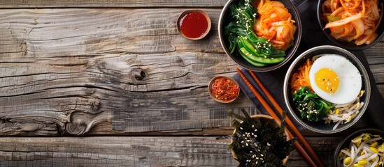 Poster - Aerial view of Korean side dishes in bowls beside chopsticks and gimbap on a wooden table with copy space image.