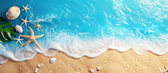 Poster - Blue background with a sandy beach, conveying a summer vacation theme, shown from above with copy space image.