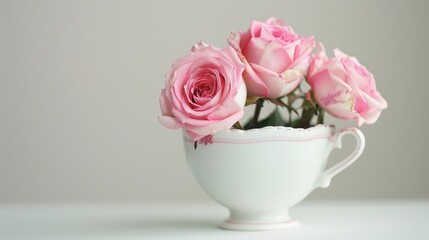 Poster - Pink roses in a teacup with empty space on the side