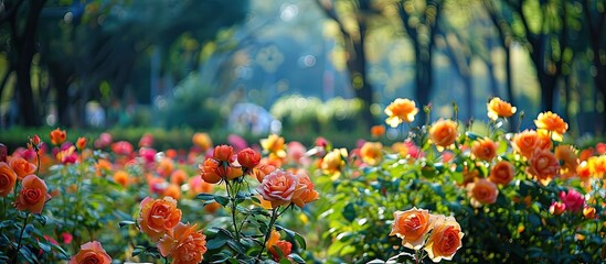 Poster - Vivid roses blooming in a Yokohama park setting, with ample copy space image available.
