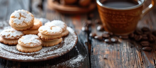 Poster - Italian Savoiardi cookies and coffee displayed in a rustic style setting with selective focus on a copy space image.