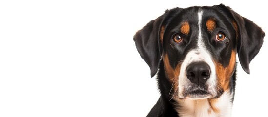 Poster - Portrait of an Entlebucher Sennenhund with white backdrop, includes copy space image.