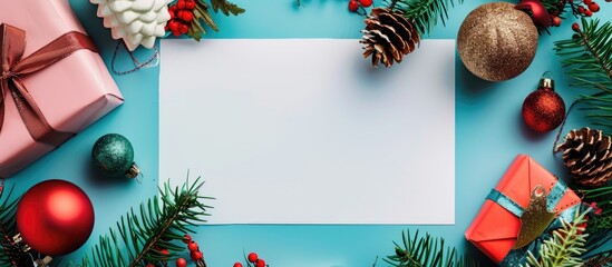Aufkleber - Colorful background with decorations, blank paper, and a gift, ideal for adding in a copy space image.