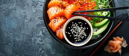 Aufkleber - Sushi bowl with Hawaiian salmon poke, served with chopsticks, soy sauce, and a background of a stunning copy space image.