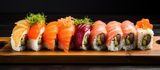 Poster - Sushi rolls on Japanese wooden sticks with copy space image.
