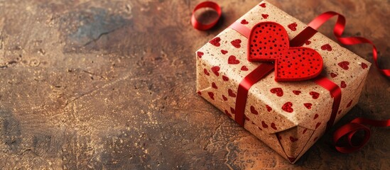 Poster - Festive gift box adorned with red hearts and ribbon on a cork background, perfect for holidays like birthdays or Valentine's Day. Ideal for a copy space image.