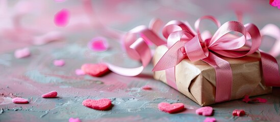 Wall Mural - Image of a pink ribbon conveying love, with a present, against a backdrop that allows for space to add additional elements (copy space image).