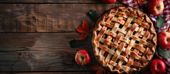 Poster - Apple pie resting on a wooden table in a flat lay view with copy space image.