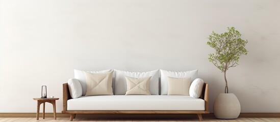 Poster - A contemporary living room features a white couch with a unique knot pillow and wooden furniture, with a blank wall offering copy space for images.