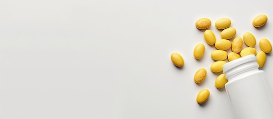 Aufkleber - An open bottle or container displaying yellow pills on a white background with ample copy space for text overlay, presenting a blank, white medicine concept.