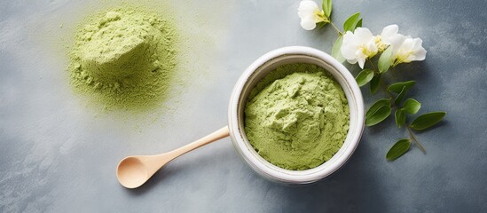 Poster - DIY beauty treatment recipe for a homemade matcha powder face and hair mask. Includes green tea spa cosmetics. Top view with ample copy space image.