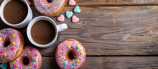 Poster - Top view of colorful donuts with heart-shaped sprinkles and smarties, next to a cup of coffee on a wooden background, with space for text or other images.