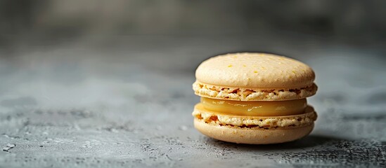 Sticker - A single French macaron with lemon ganache filling displayed on a simplistic grey background, ideal for emphasizing the food product with room for additional content, a copy space image.