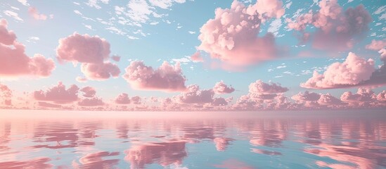 Poster - Scenic view with a soft coral pink color palette reflected in the water under scattered cirrocumulus clouds, creating a serene ambiance for a copy space image.