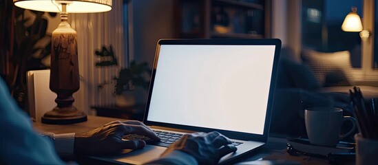 Poster - Here is a man using a laptop with a blank screen on a desk in a home interior, creating a copy space image.