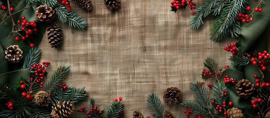 Aufkleber - Top-down horizontal photo of a Christmas-themed linen background, providing a clear area for text and other design elements, referred to as a copy space image.