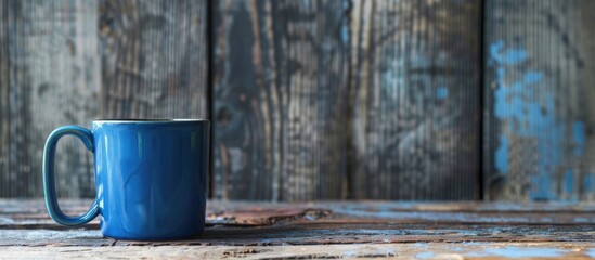 Aufkleber - A blue coffee mug is placed on a rustic wooden table, offering a front view with ample copy space in the image.