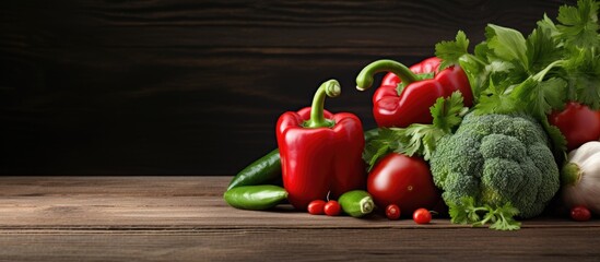 Poster - Fresh vegetables like green broccoli, red bell pepper, and green basil arranged on a wooden surface for a healthy vegan food concept with copy space image.