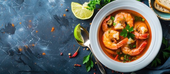 Poster - A tasty seafood soup in a white bowl with shrimp, spices, lime, and bread on a dark blue marble background, viewed from the top with a copy space image for a healthy menu option.