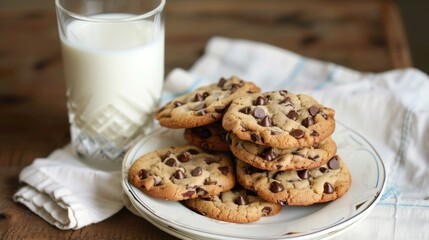 Poster - A plate of homemade chocolate chip cookies stacked next to a glass of milk.