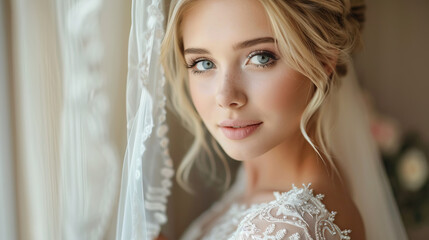 Wall Mural - beautiful stunning bride with blonde hair and exotic skin in elegant wedding dress posing in the room on wedding morning