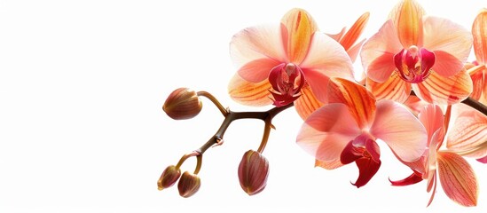 Aufkleber - Close-up of stunning orchid flowers on a branch in a white background, with ample copy space image available.